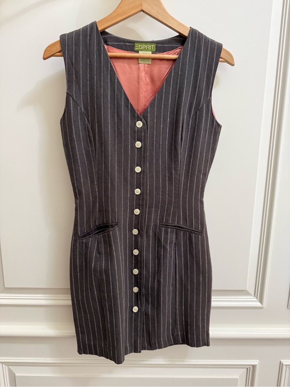Vintage 90s Esprit Pinstripe Sleeveless Button Front Gray Mini Vest Dress
